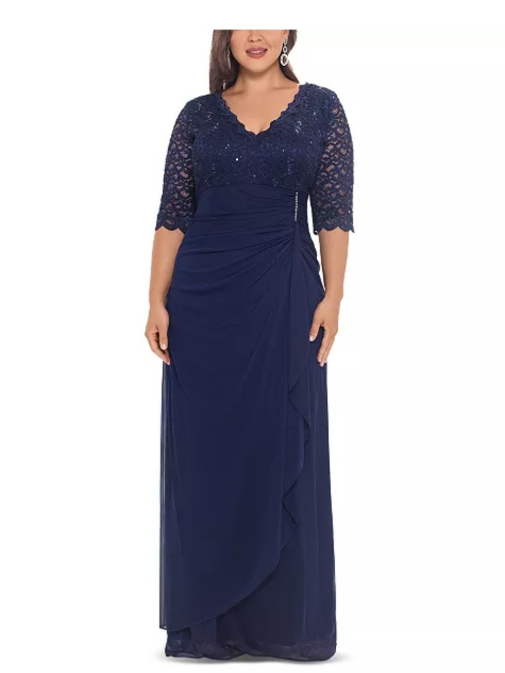 Betsy & Adam NWT Navy Sequin Lace Ruched Formal Gown Plus Size 14W $189